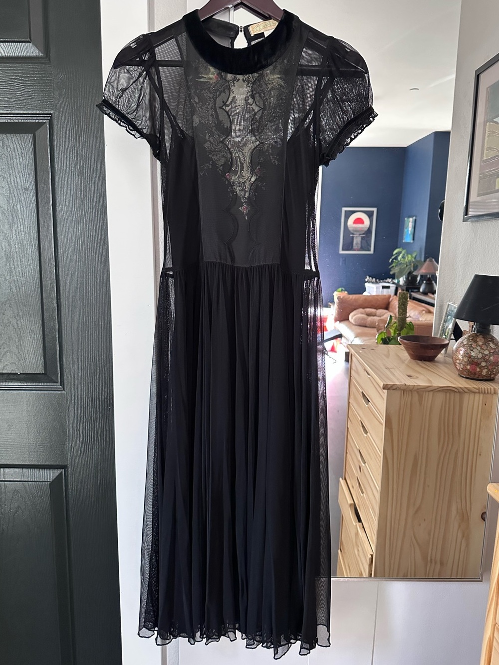 Michal Negrin Black Sheer Lace-Panel Midi Dress